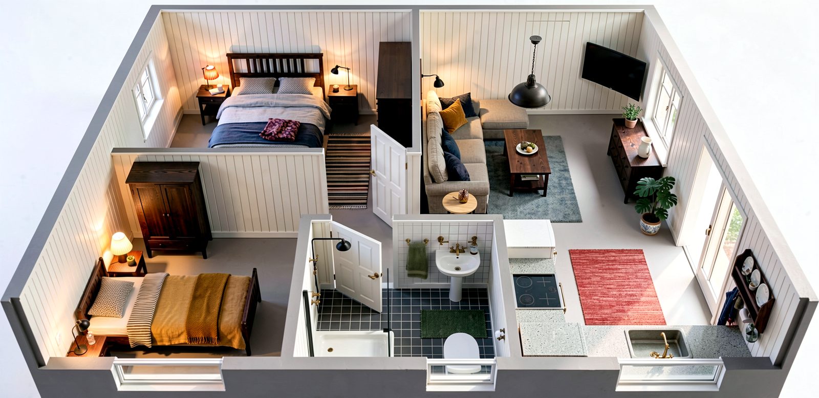 A cutaway 3D plan showing the layout inside a building.