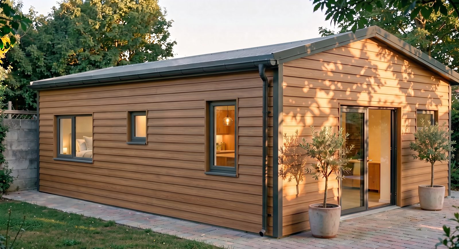 A timber clad garden room with a pitched roof and sliding glass doors in warm evening light.
