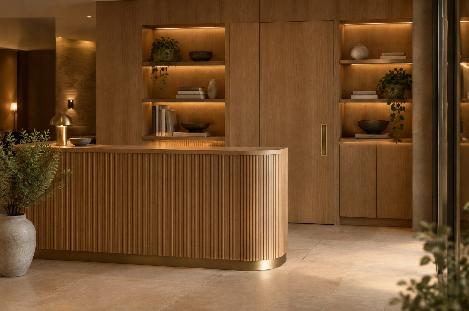 A curved oak reception desk and full height oak wall unit with lit shelving in a hotel lobby.