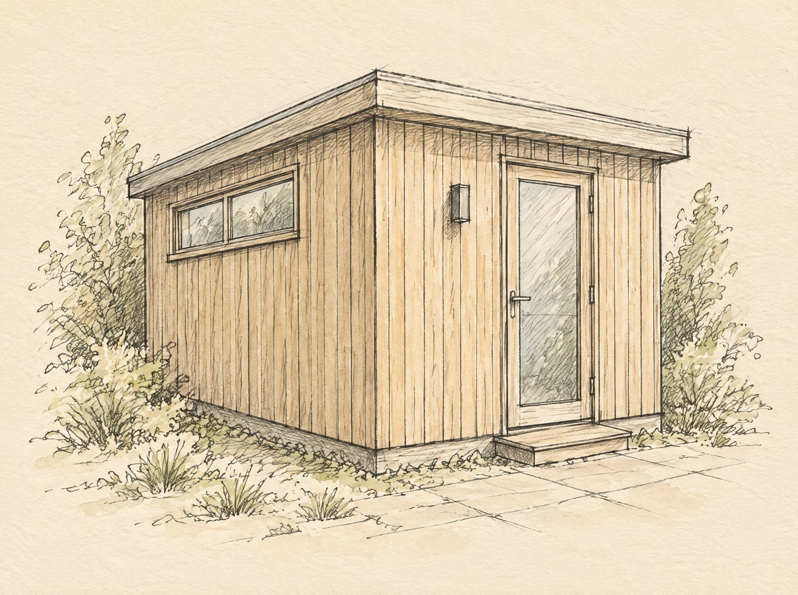 A pencil and wash sketch of a small flat roofed garden room with vertical cladding, a window, a glazed door and planting.