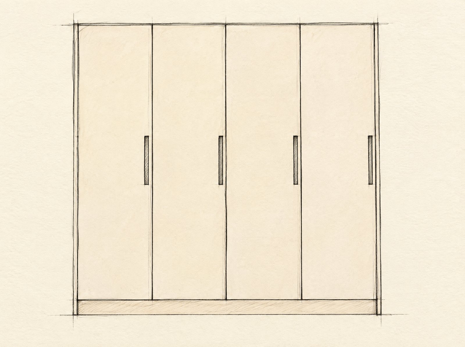 A pencil and wash sketch of a fitted wardrobe with four tall flush doors, recessed handles and a plinth.